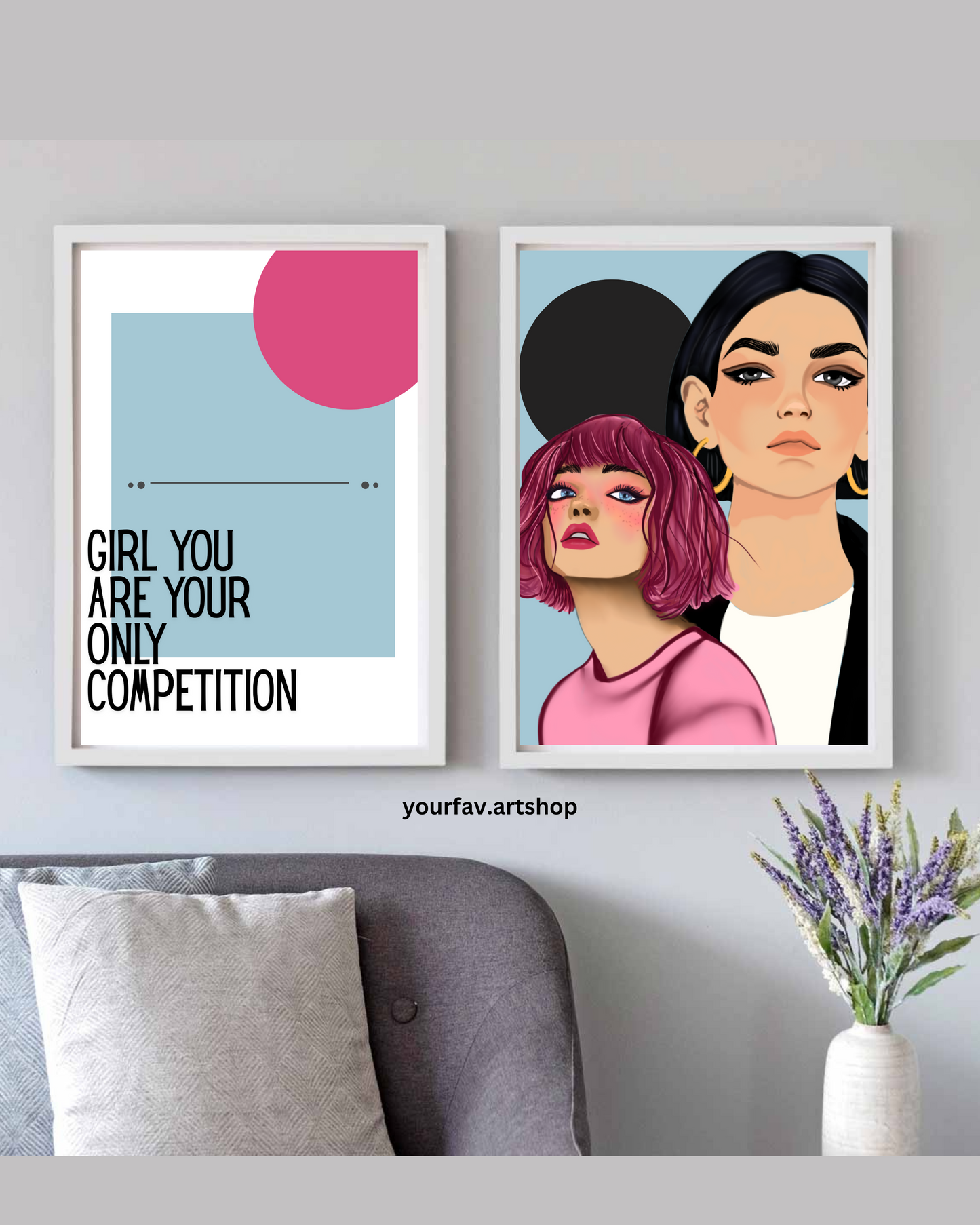 Set of 2 pink and black wall art frame